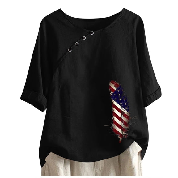GERsome Womens 4th of July Tops Casual 3/4 Sleeve Crew Neck Patriotic American Flag T Shirts Loose Fit Blouses Summer Tees M-2XL