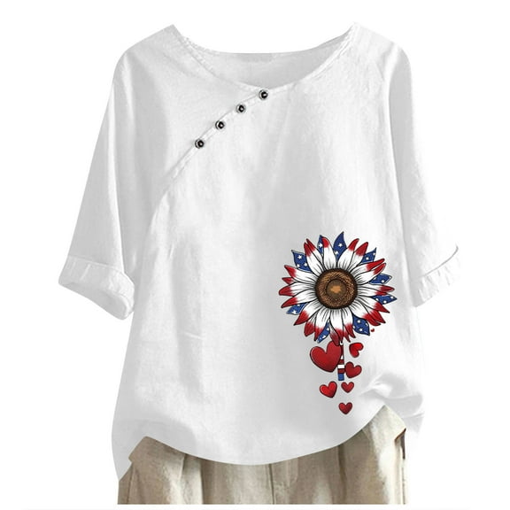 GERsome Womens 4th of July Tops Casual 3/4 Sleeve Crew Neck Patriotic American Flag T Shirts Loose Fit Blouses Summer Tees M-2XL