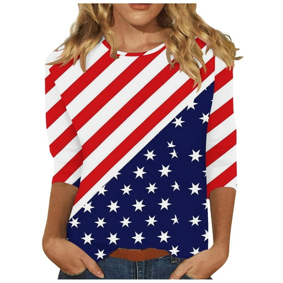 GERsome Womens 4th of July Tops Crewneck 3/4 Sleeve T Shirts American Flag Graphic Shirts Loose Fit USA Stars Stripes Summer Tees S-2XL