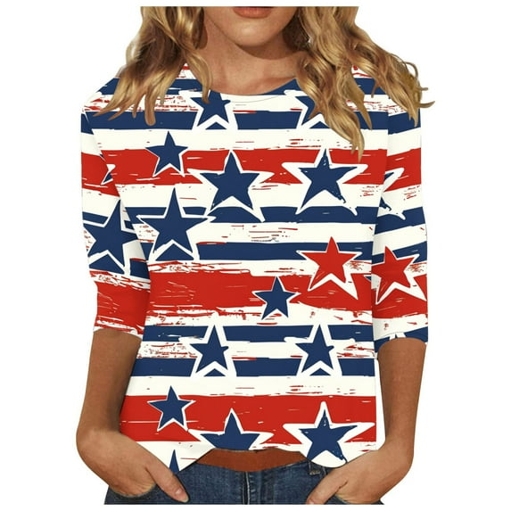 GERsome Womens 4th of July Tops Crewneck 3/4 Sleeve T Shirts American Flag Graphic Shirts Loose Fit USA Stars Stripes Summer Tees S-2XL
