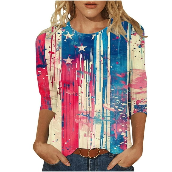 GERsome Womens American Flag Shirts 4th of July 3/4 Sleeve T Shirt Funny USA Graphic Tees Patriotic Casual Loose Fit Pullover Tops S-5XL