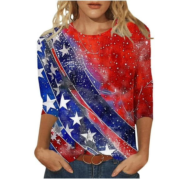 GERsome Womens American Flag Shirts 4th of July 3/4 Sleeve T Shirt Funny USA Graphic Tees Patriotic Casual Loose Fit Pullover Tops S-5XL