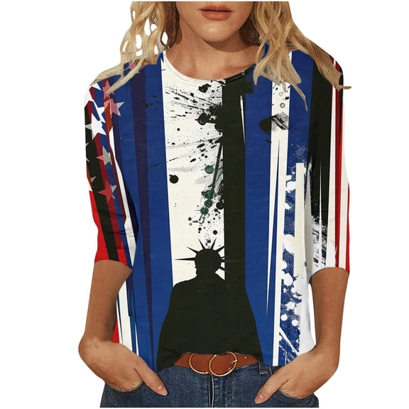 GERsome Womens American Flag Shirts 4th of July 3/4 Sleeve T Shirt Funny USA Graphic Tees Patriotic Casual Loose Fit Pullover Tops S-5XL