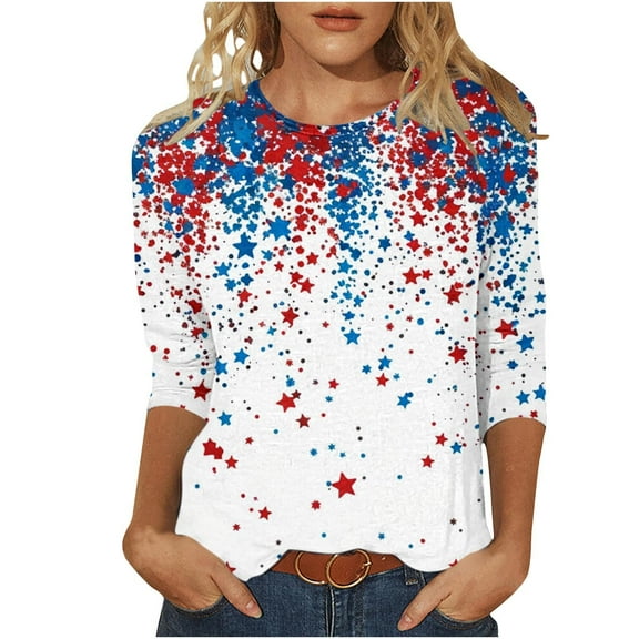 GERsome Womens American Flag Shirts 4th of July 3/4 Sleeve T Shirt Funny USA Graphic Tees Patriotic Casual Loose Fit Pullover Tops S-5XL