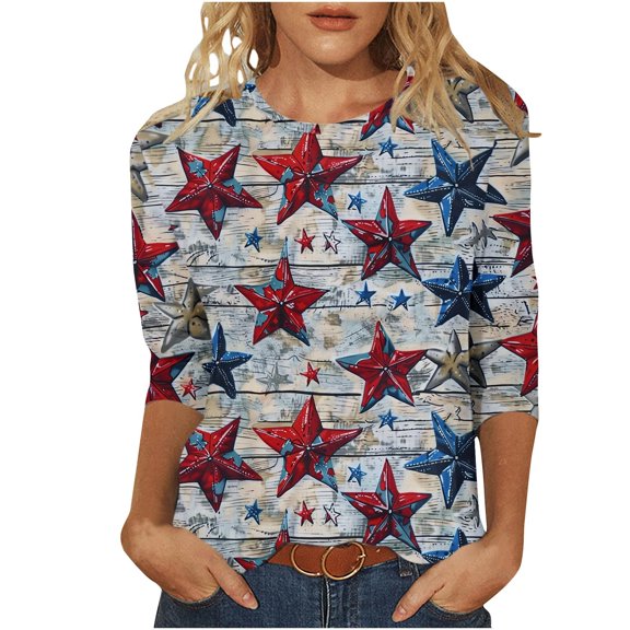 GERsome Womens American Flag Shirts 4th of July 3/4 Sleeve T Shirt Funny USA Graphic Tees Patriotic Casual Loose Fit Pullover Tops S-5XL