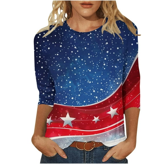 GERsome Womens American Flag Shirts 4th of July 3/4 Sleeve T Shirt Funny USA Graphic Tees Patriotic Casual Loose Fit Pullover Tops S-5XL