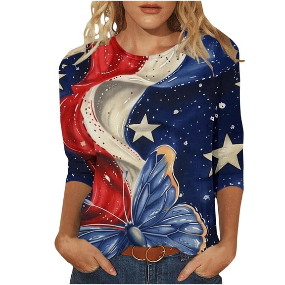 GERsome Womens American Flag Shirts 4th of July 3/4 Sleeve T Shirt Funny USA Graphic Tees Patriotic Casual Loose Fit Pullover Tops S-5XL