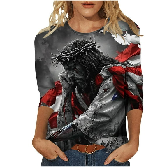 GERsome Womens American Flag Shirts 4th of July 3/4 Sleeve T Shirt Funny USA Graphic Tees Patriotic Casual Loose Fit Pullover Tops S-5XL