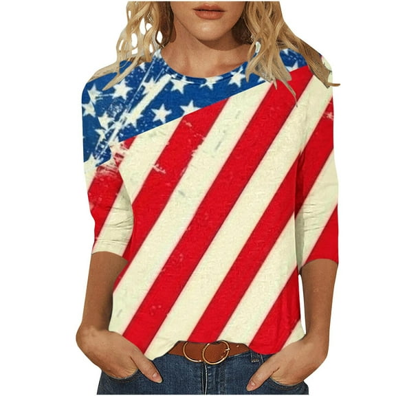 GERsome Womens American Flag Shirts 4th of July 3/4 Sleeve T Shirt Funny USA Graphic Tees Patriotic Casual Loose Fit Pullover Tops S-5XL