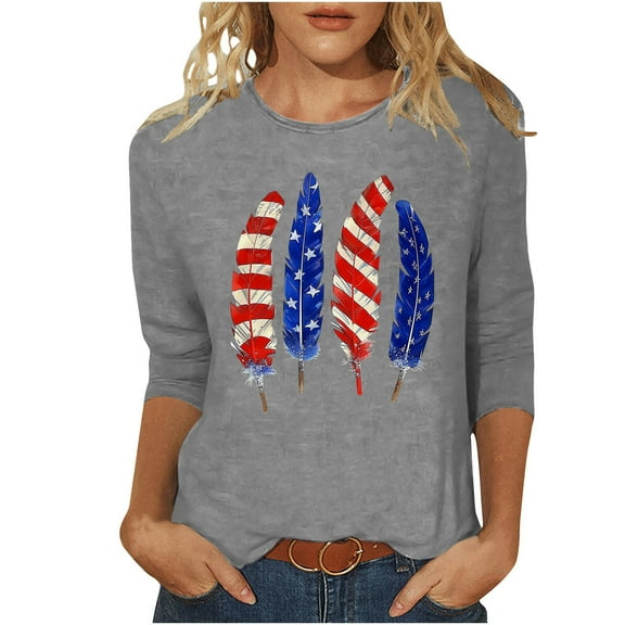 GERsome Womens American Flag T Shirts 4th of July Patriotic 3/4 Sleeve Shirts Veteran Crewneck Shirt Stars Stripes Tops S-3XL
