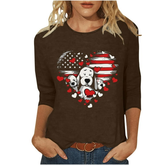GERsome Womens American Flag T Shirts 4th of July Patriotic 3/4 Sleeve Shirts Veteran Crewneck Shirt Stars Stripes Tops S-3XL