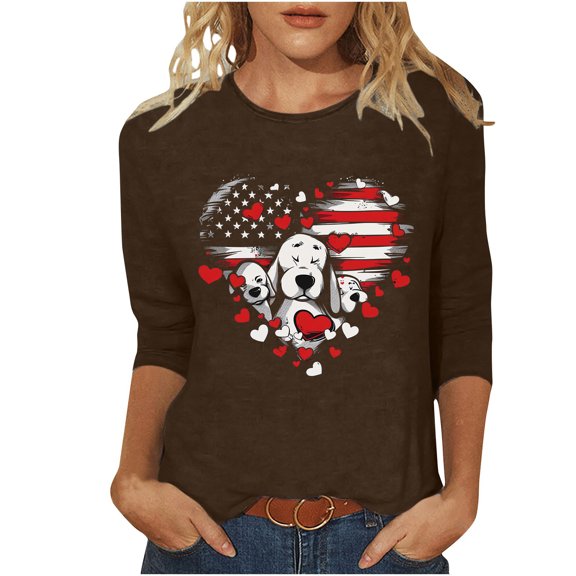 GERsome Womens American Flag T Shirts 4th of July Patriotic 3/4 Sleeve Shirts Veteran Crewneck Shirt Stars Stripes Tops S-3XL