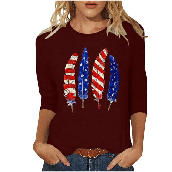 GERsome Womens American Flag T Shirts 4th of July Patriotic 3/4 Sleeve Shirts Veteran Crewneck Shirt Stars Stripes Tops S-3XL
