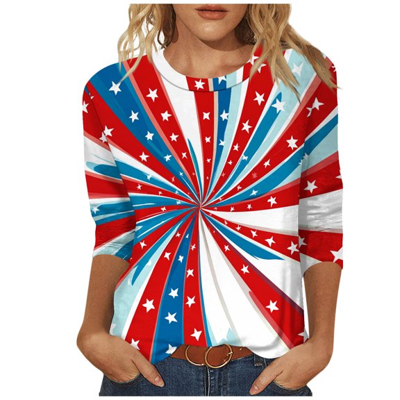 GERsome Womens American Flag T Shirts 4th of July Patriotic Tops Crewneck 3/4 Sleeve Graphic Shirts Loose Fit USA Veteran Summer Tees S-2XL