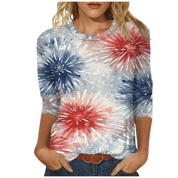 GERsome Womens American Flag T Shirts 4th of July Patriotic Tops Crewneck 3/4 Sleeve Graphic Shirts Loose Fit USA Veteran Summer Tees S-2XL