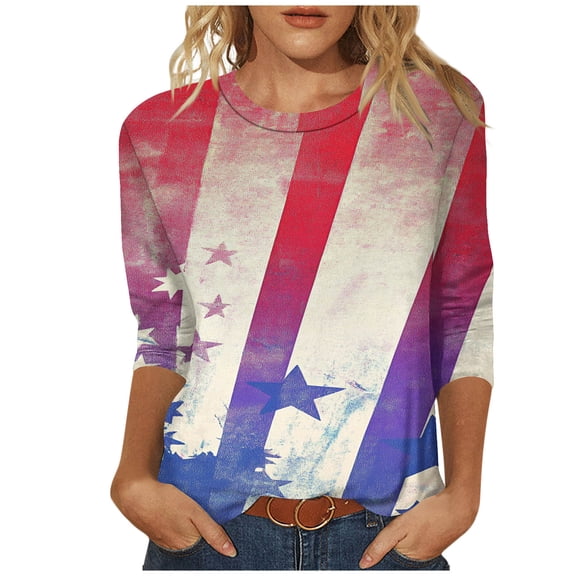 GERsome Womens American Flag T Shirts 4th of July Patriotic Tops Crewneck 3/4 Sleeve Graphic Shirts Loose Fit USA Veteran Summer Tees S-2XL
