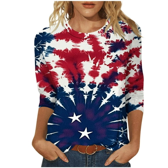 GERsome Womens American Flag T Shirts 4th of July Patriotic Tops Crewneck 3/4 Sleeve Graphic Shirts Loose Fit USA Veteran Summer Tees S-2XL