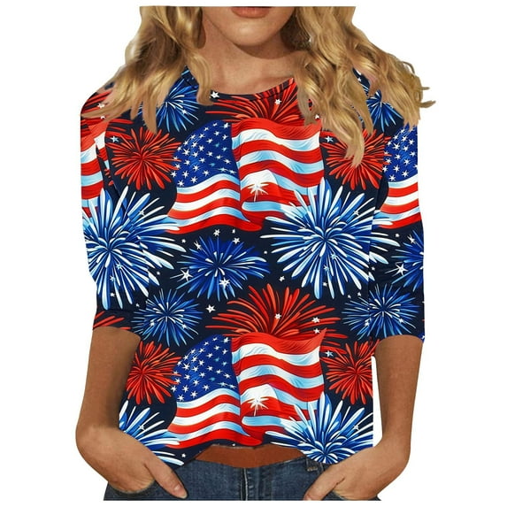 GERsome Womens American Flag T Shirts 4th of July Tops USA Graphic Crewneck Shirts Casual 3/4 Sleeve American Proud Tops S-3XL