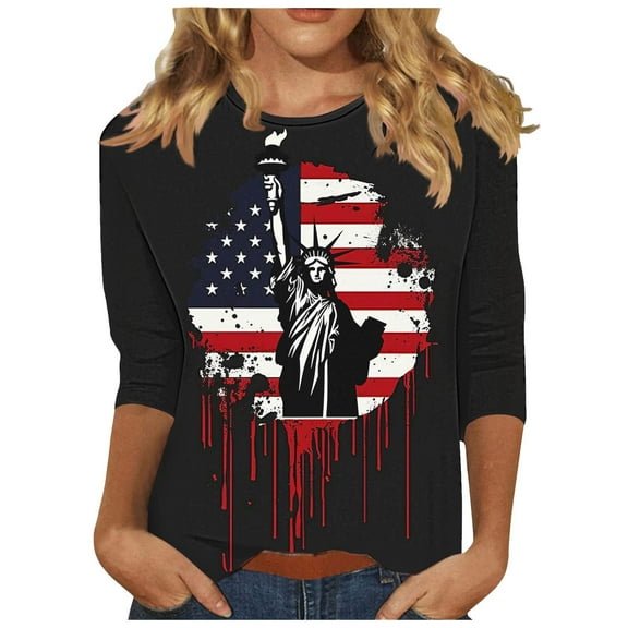 GERsome Womens American Flag T Shirts 4th of July Tops USA Graphic Crewneck Shirts Casual 3/4 Sleeve American Proud Tops S-3XL