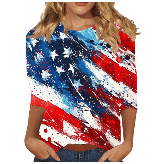GERsome Womens American Flag T Shirts 4th of July Tops USA Graphic Crewneck Shirts Casual 3/4 Sleeve American Proud Tops S-3XL