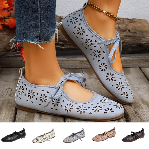 GERsome Womens Ballet Flats Round Toe Lace-Up Dressy Floral Mary Jane Shoes Summer Comfort Casual Flats Shoes, Light Blue Size 5.5