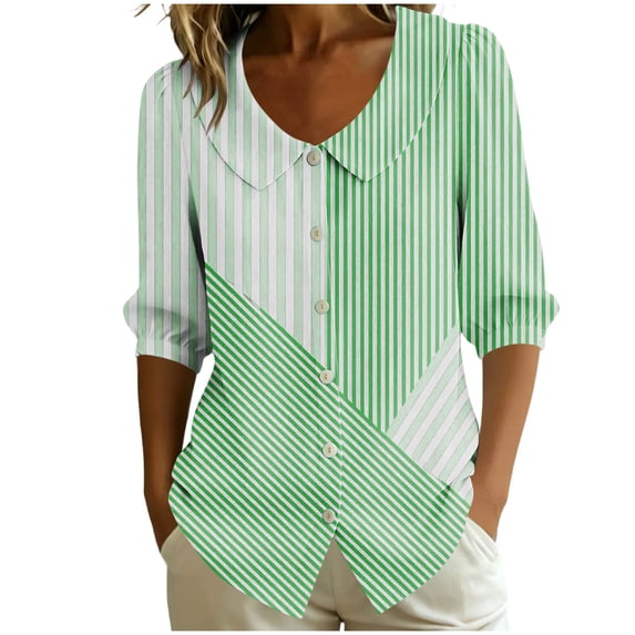 GERsome Womens Button Down Shirts Crew Neck 3/4 Sleeve Casual Collared Blouses Tops,Green,Size XL