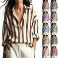 thumbnail image 1 of GERsome Womens Button Down Shirts Long Sleeve Striped Collared V-Neck Summer Casual Business Work Tops,Brown,Size L, 1 of 7