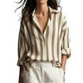 thumbnail image 1 of GERsome Womens Button Down Shirts Long Sleeve Striped Collared V-Neck Summer Casual Business Work Tops,Khaki,Size L, 1 of 6