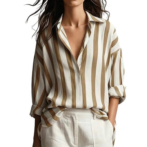 GERsome Womens Button Down Shirts Long Sleeve Striped Collared V-Neck Summer Casual Business Work Tops,Khaki,Size L