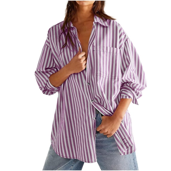 GERsome Womens Button Down Shirts Striped Long Sleeve Collared Casual Work Blouses Summer Tops with Pocket,Purple,Size 3XL