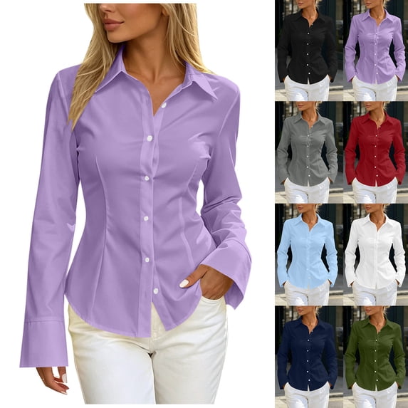 GERsome Womens Button Down Shirts V-Neck Slim Fit Long Sleeve Business Work Dress Collared Shirts Purple L
