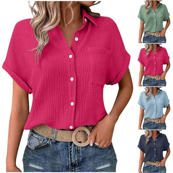 GERsome Womens Button Down Shirts Short Sleeve Collared V Neck T-Shirts Summer Casual Loose Fit Tunics Tops Solid Color Work Business Blouses, Sizes S-2XL