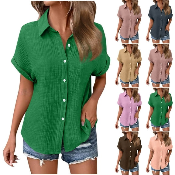 GERsome Womens Button Down Shirts Short Sleeve Collared V Neck T-Shirts Summer Casual Loose Fit Tunics Tops Solid Color Work Business Blouses, Sizes S-2XL