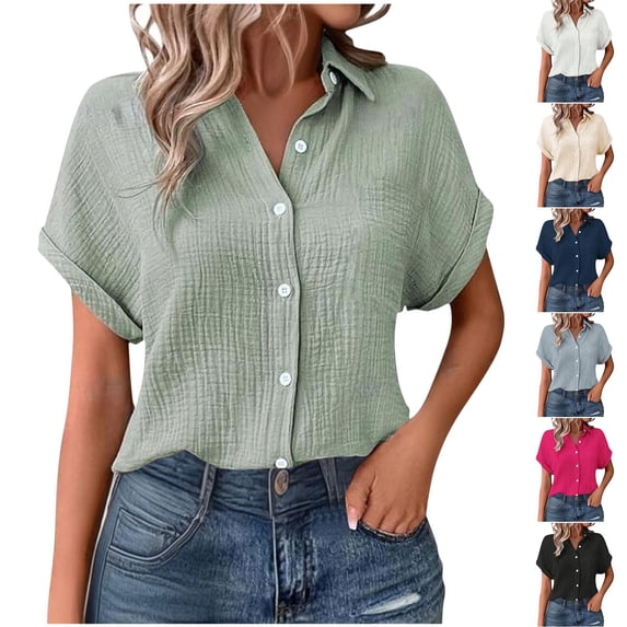GERsome Womens Button Down Shirts Short Sleeve Loose Fit Solid Color T-Shirts Collared V Neck Summer Tunics Tops Casual Work Business Blouses, Sizes S-2XL