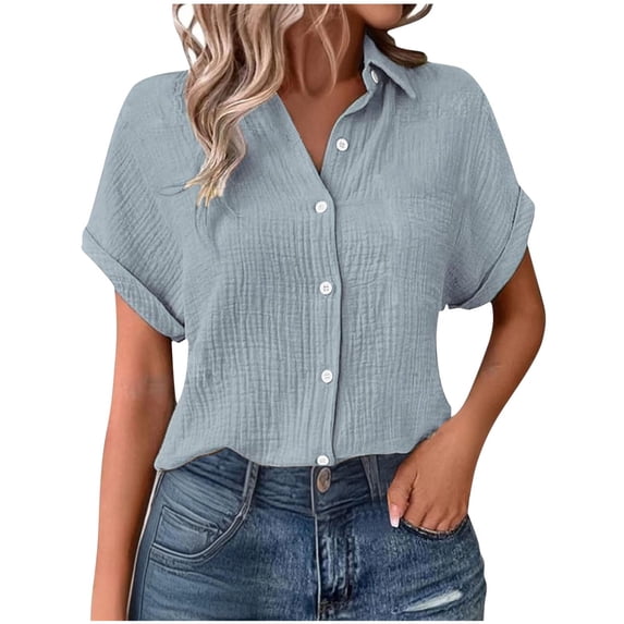 GERsome Womens Button Down Shirts Short Sleeve Loose Fit Solid Color T-Shirts Collared V Neck Summer Tunics Tops Casual Work Business Blouses, Sizes S-2XL