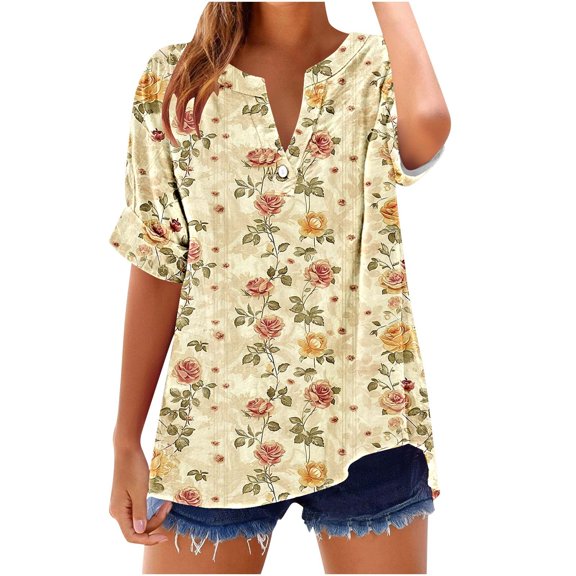 GERsome Womens Button V Neck T Shirts Rolled Short Sleeve Loose Fit Casual Summer Floral Tee Shirts, Sizes S-2XL