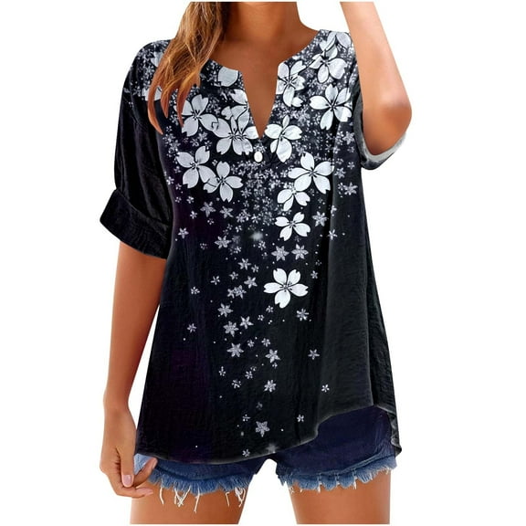 GERsome Womens Button V Neck T Shirts Rolled Short Sleeve Loose Fit Casual Summer Floral Tee Shirts, Sizes S-2XL
