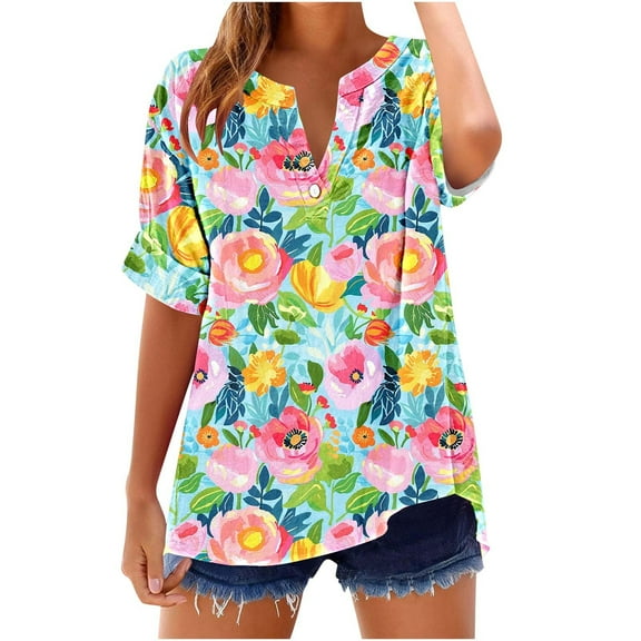 GERsome Womens Button V Neck T Shirts Rolled Short Sleeve Loose Fit Casual Summer Floral Tee Shirts, Sizes S-2XL