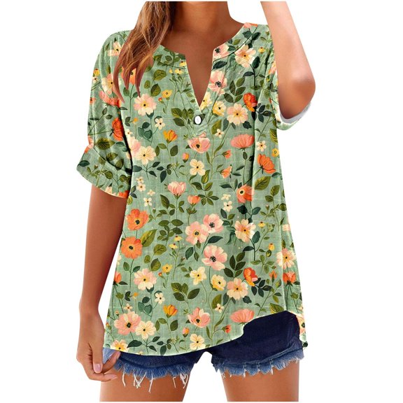 GERsome Womens Button V Neck T Shirts Rolled Short Sleeve Loose Fit Casual Summer Floral Tee Shirts, Sizes S-2XL