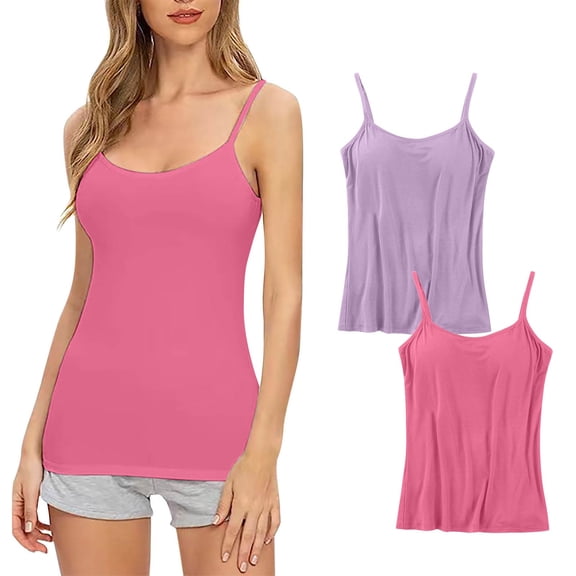 GERsome Womens Camisole with Shelf Bra Cotton Tank Top Spaghetti Straps Cami Tops Pack of 2 Assorted Color Hot Pink/Purple XXL