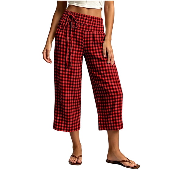 GERsome Womens Capri Pants with Pockets Plaid Side Lace-Up Elastic Waist Wide Leg Workout Cropped Pants for Summer Red Size S