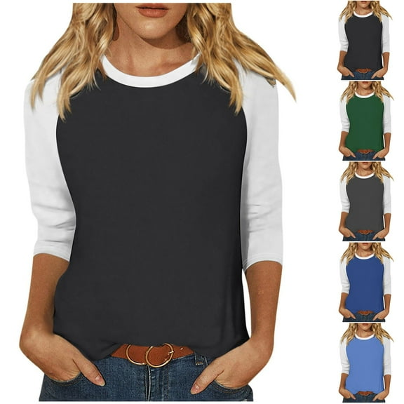 GERsome Womens Casual 3/4 Sleeve Tops Crew Neck Solid Color Block Cute Pullover Relaxed Fit Tops S-4XL Black/L