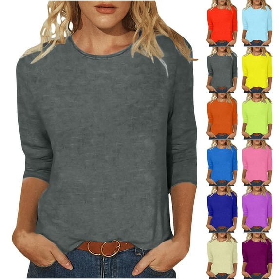 GERsome Womens Casual Crewneck Blouse 3/4 Sleeve Solid Color Shirt Soft Lightweight Loose Top S-2XL Beige/L