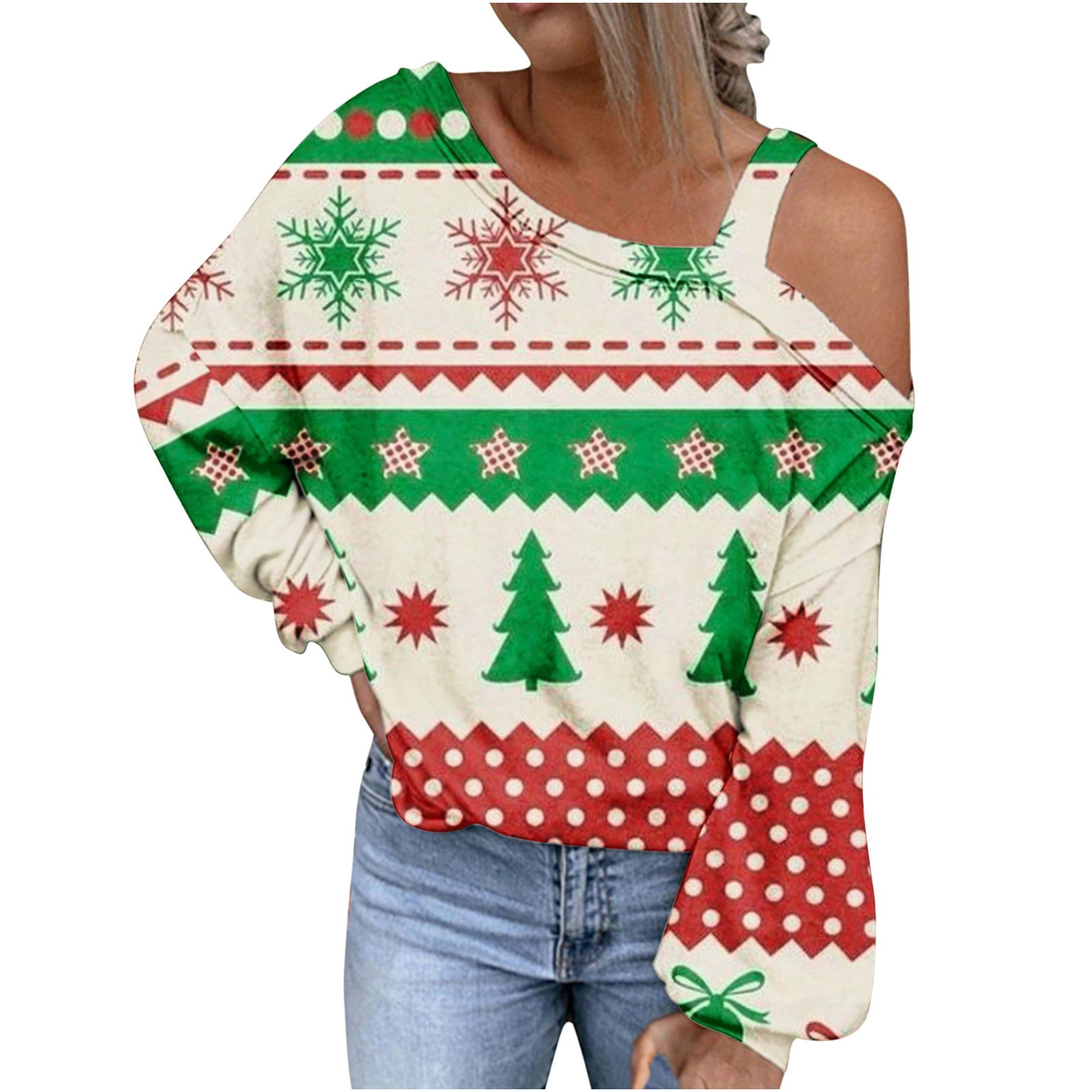 GERsome Womens Christmas Shirt Off Shoulder Christmas Tree T Shirt Long