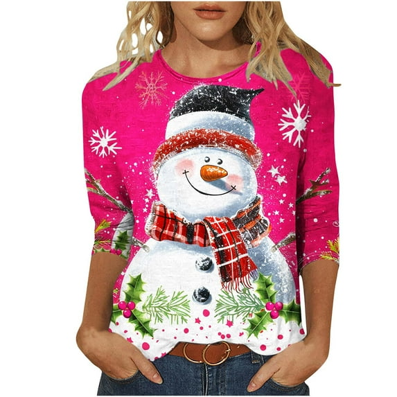 GERsome Womens Christmas Tops Women's Cute Xmas Snowman Shirts Funny Graphic 3/4 Length Sleeve Tops Round Neck Shirt Basic Ladies Clothing Size S