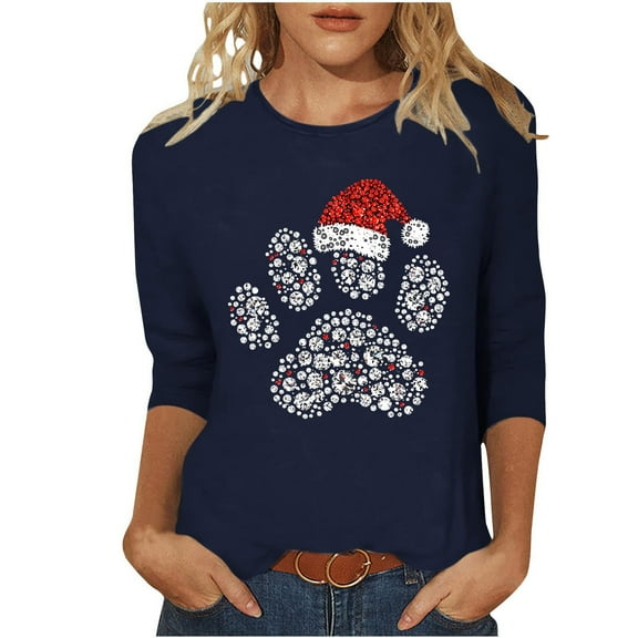 GERsome Womens Christmas Tshirts 3/4 Sleeve Xmas Graphic Tee Funny Christmas Holiday Shirts for Women Plus Size Crew Neck Pullover Tops Size L