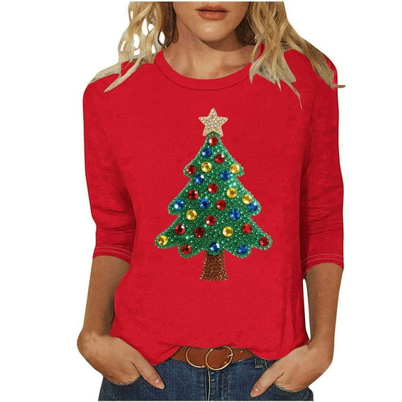 GERsome Womens Christmas Tshirts 3/4 Sleeve Xmas Graphic Tee Funny Christmas Holiday Shirts for Women Plus Size Crew Neck Pullover Tops Size M