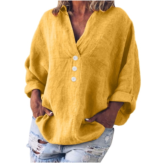 GERsome Womens Cotton Linen V-Neck Shirts Long Sleeve Fall Summer Causal Solid Color Blouses Tops