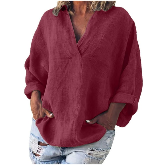 GERsome Womens Cotton Linen V-Neck Shirts Long Sleeve Fall Summer Causal Solid Color Blouses Tops
