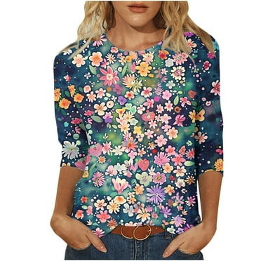 GERsome Womens Crew Neck 3/4 Sleeve T Shirts Casual Floral Print Tunic Tops Basic Loose Fit Tees